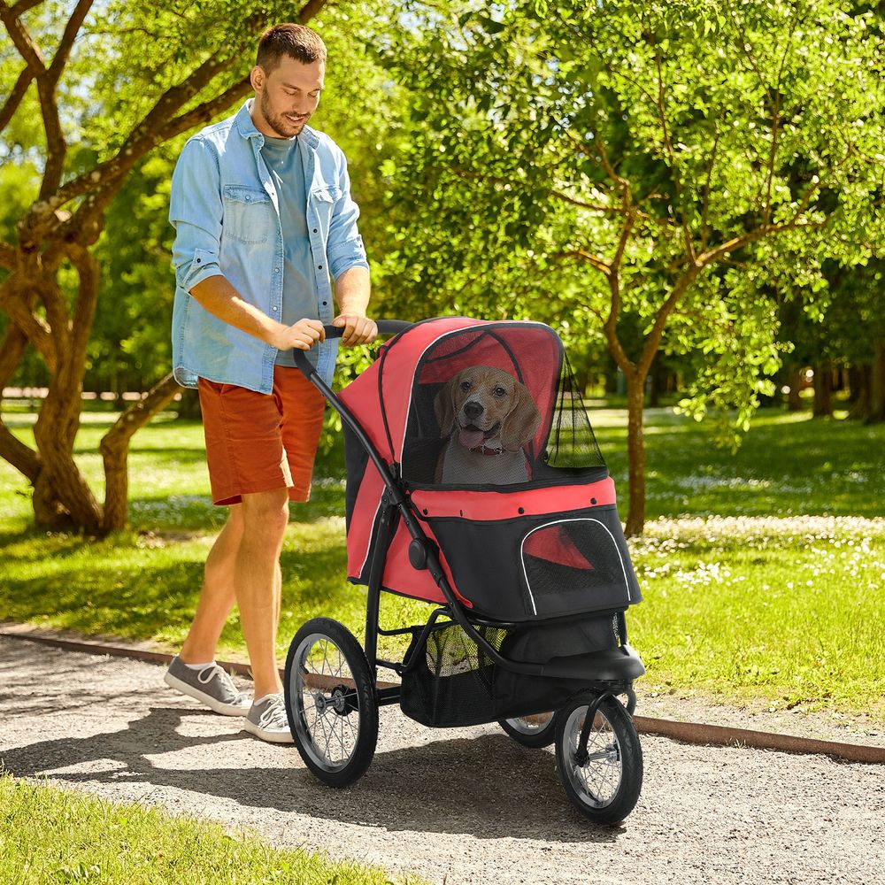Poussette jogging pour chien en polyester et acier rouge 111 x 58 x 107 cm roues tout-terrain capote et frein