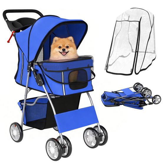 Poussette chien pliable acier polyester promenade housse pluie 77x44x102cm bleu