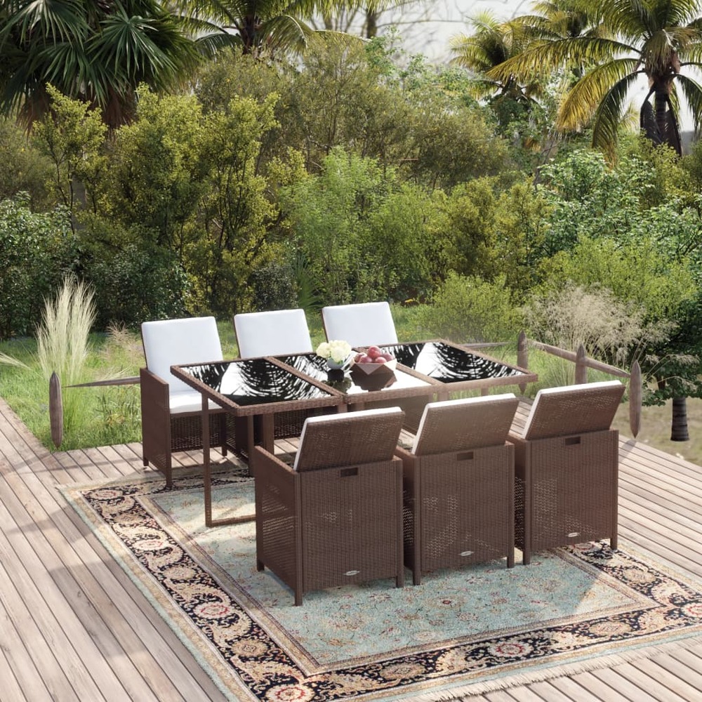 Ensemble à manger de jardin et coussins 7 pcs marron poly rotin