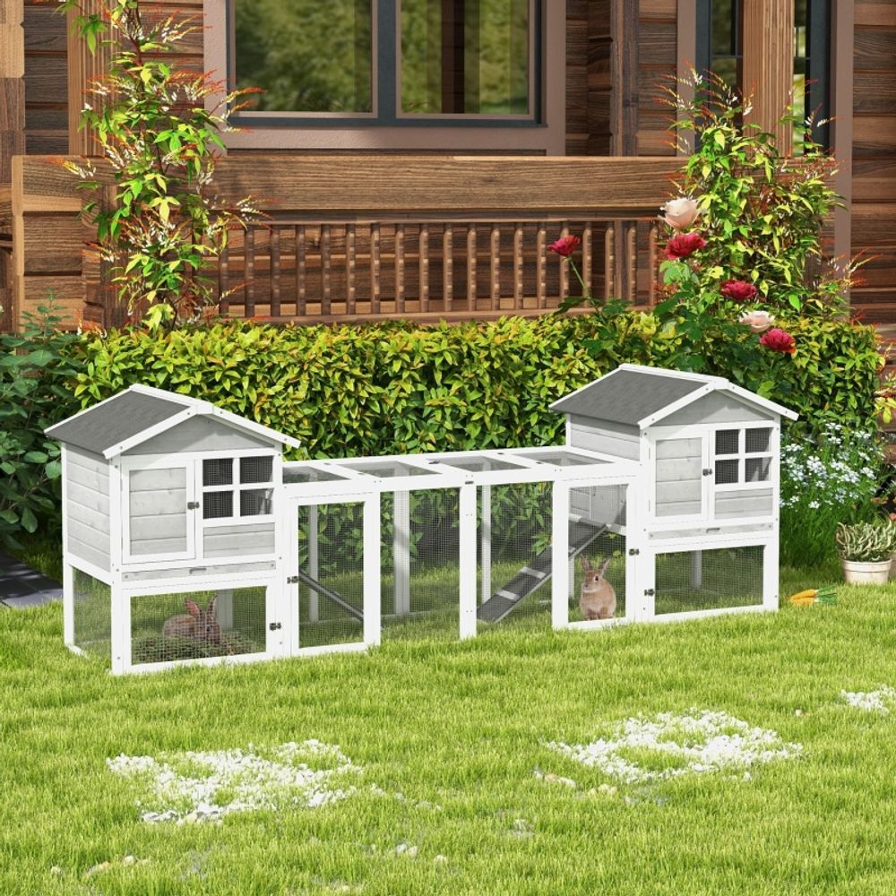 Clapier lapin extérieur bois sapin pour 2 à 4 lapins modulable avec enclos 259cm blanc gris