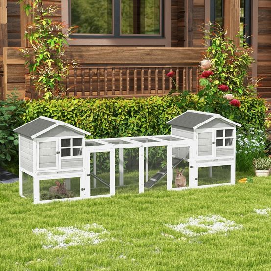 Clapier lapin extérieur bois sapin pour 2 à 4 lapins modulable avec enclos 259cm blanc gris