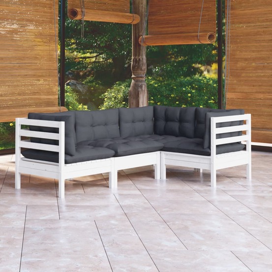 Salon de jardin 4 pcs avec coussins blanc bois de pin