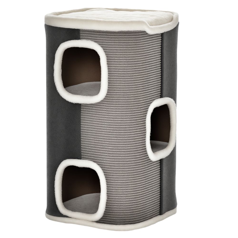 Tonneau arbre à chat 3 niveaux bois niches coussins douillets 74cm gris blanc