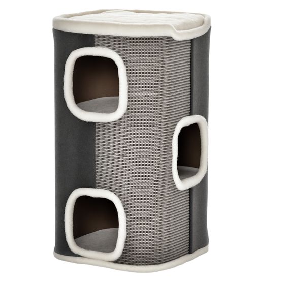 Tonneau arbre à chat 3 niveaux bois niches coussins douillets 74cm gris blanc
