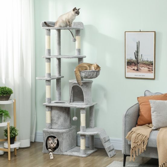 Arbre à chat géant 170cm sisal tunnel niches hamac et jeux gris clair