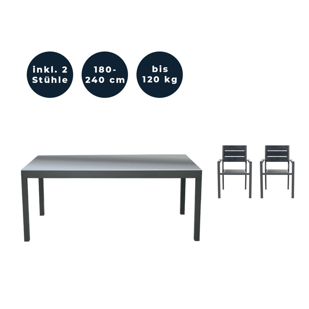 Home deluxe - table de jardin extensible - sol - ca. 180 (240) x 90 x 75 cm - incl. 2 chaises, incl. Accessoires i meuble de jardin