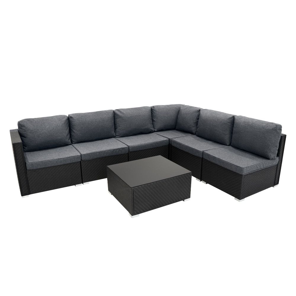 Salon de jardin modulaire en rotin noir - 7 pièces
