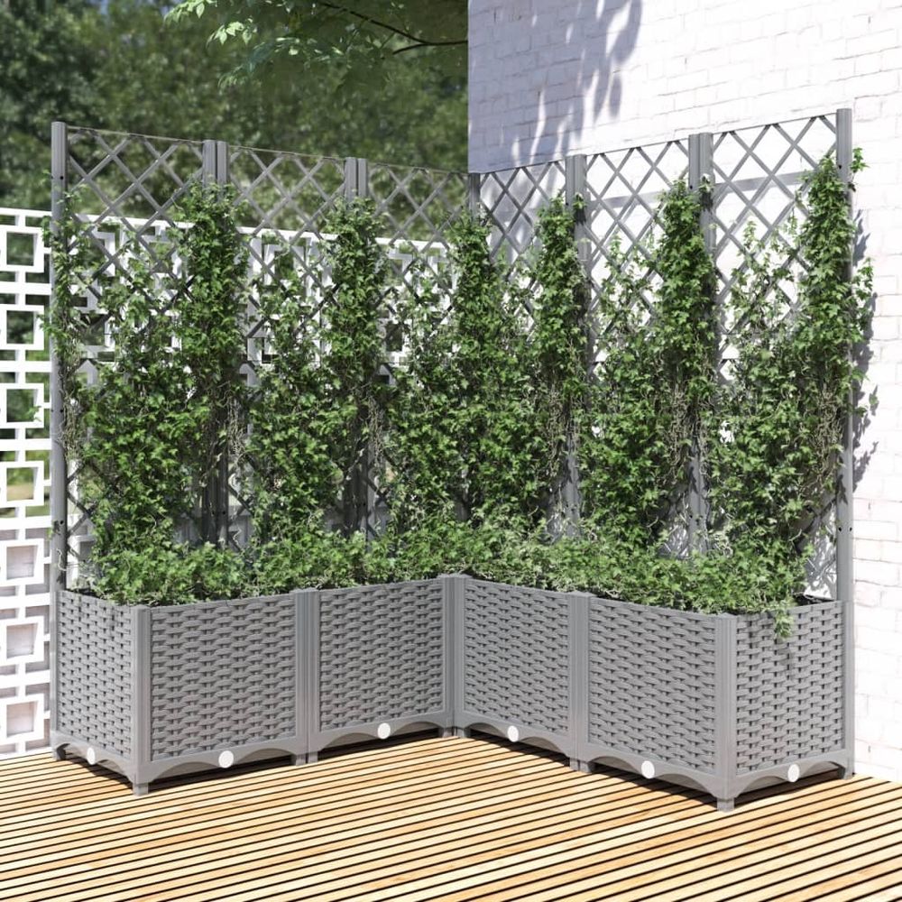 Très grande jardinière d'angle treillis haut 136 cm gris clair