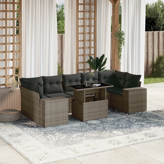 Salon de jardin 8 pcs avec coussins gris résine tressée