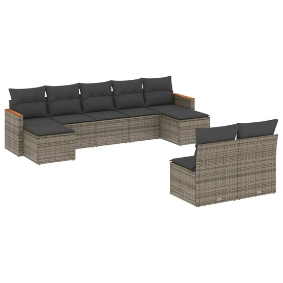 Salon de jardin 9 pcs avec coussins gris résine tressée