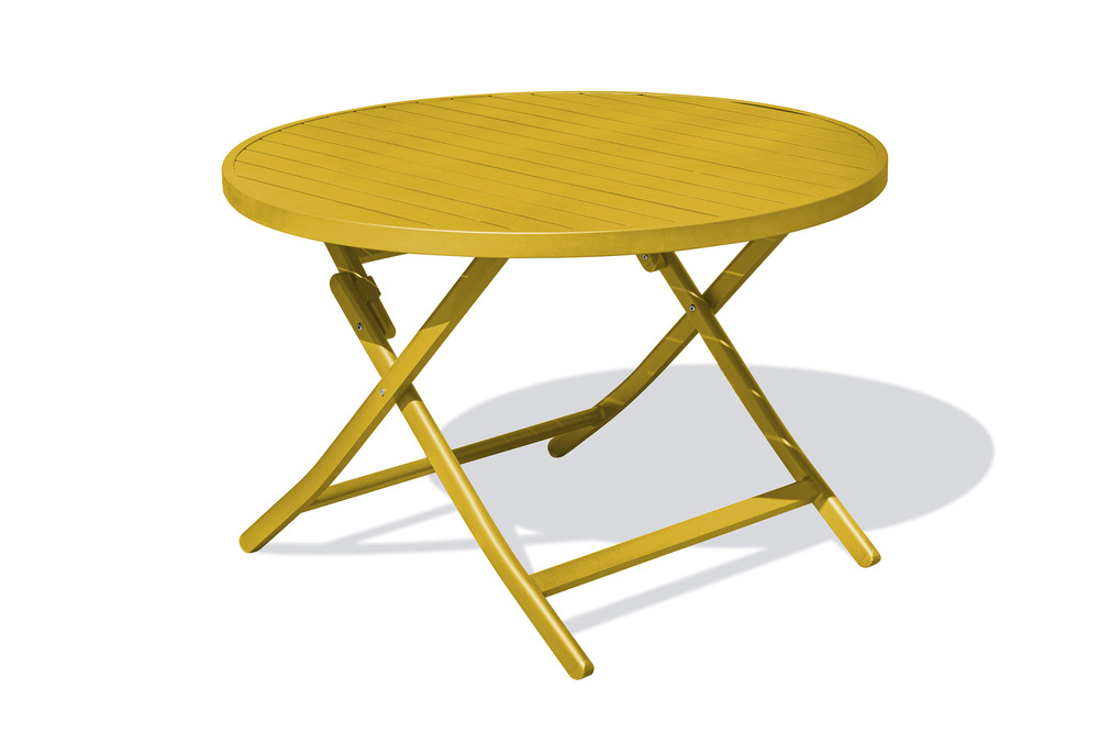 Table de jardin marius ronde pliante en aluminium jaune moutarde
