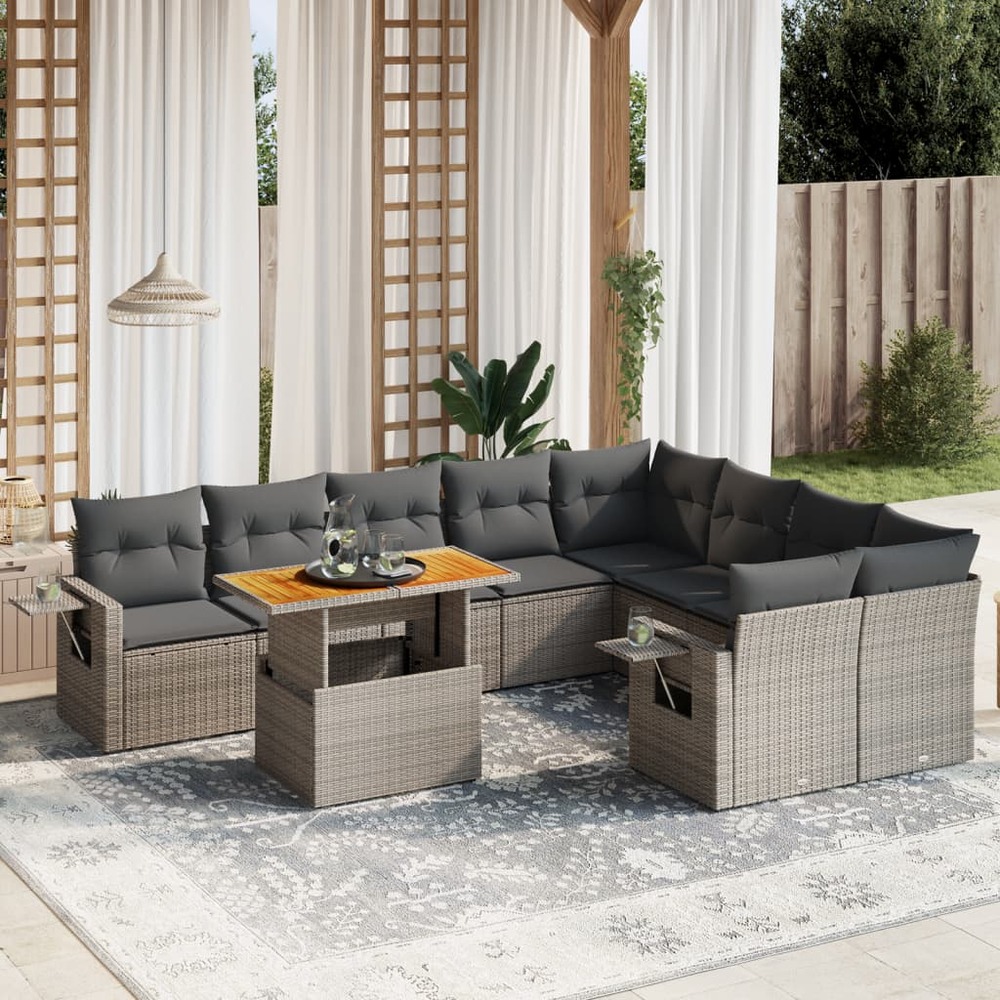 Salon de jardin avec coussins 10 pcs gris résine tressée