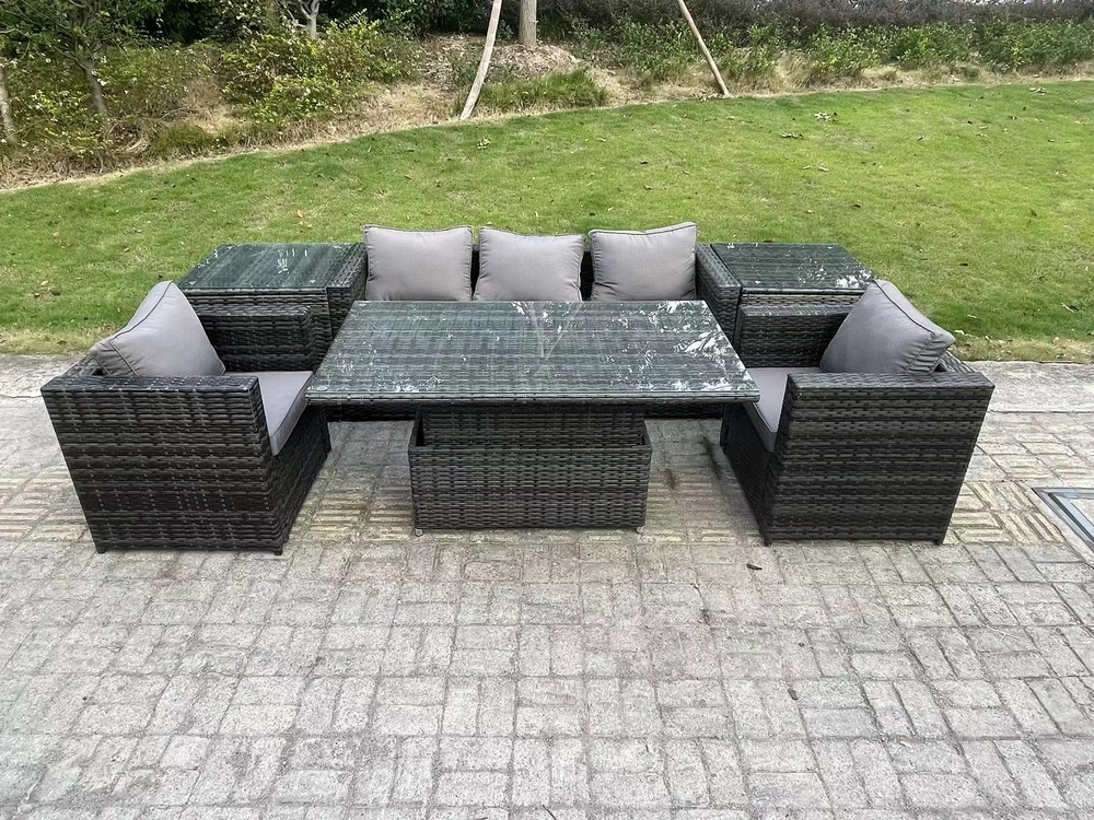 Rotin meubles de jardin ensemble canapé d’extérieur table élévatrice réglable salle à manger de 2 fauteuils 2 tables