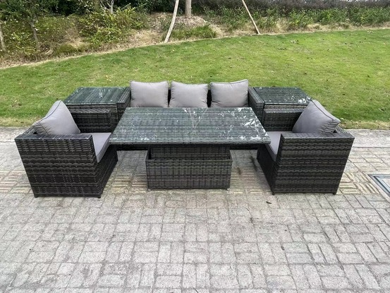 Rotin meubles de jardin ensemble canapé d’extérieur table élévatrice réglable salle à manger de 2 fauteuils 2 tables