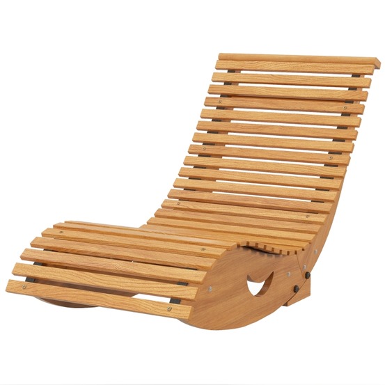 Fauteuil à bascule, dossier haut, base réglable, en pin clair, marron clair