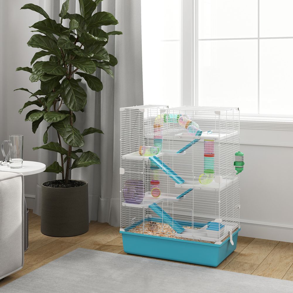 Cage hamster 6 niveaux tubes tunnels accessoires inclus 58x36x81cm bleu - comfortxl pet living
