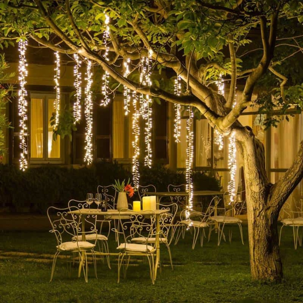 Guirlande suspendue 3 grappes lumineuses h75/125/100cm 288 led blanc chaud 8 modes prolongeable 31v smart connect lotti