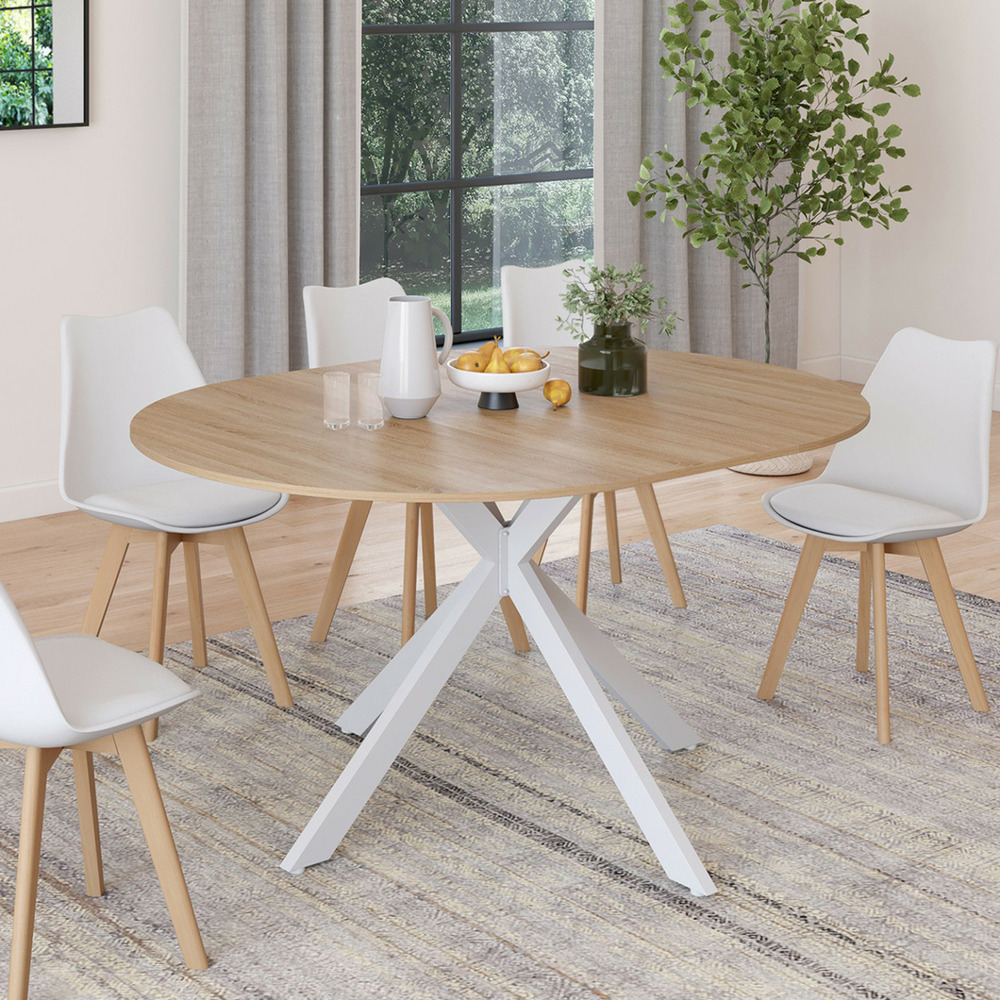 Table à manger extensible ronde alix 4-8 personnes pied araignée bois et blanc 110-150 cm