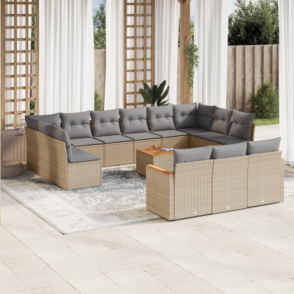 Salon de jardin avec coussins 14 pcs beige résine tressée