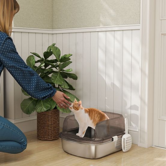 Bac litière acier inox grands chats bords hauts anti-projections 53x42x27cm gris