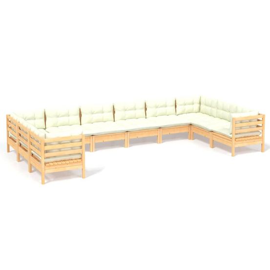 Salon de jardin 10 pcs avec coussins crème bois de pin