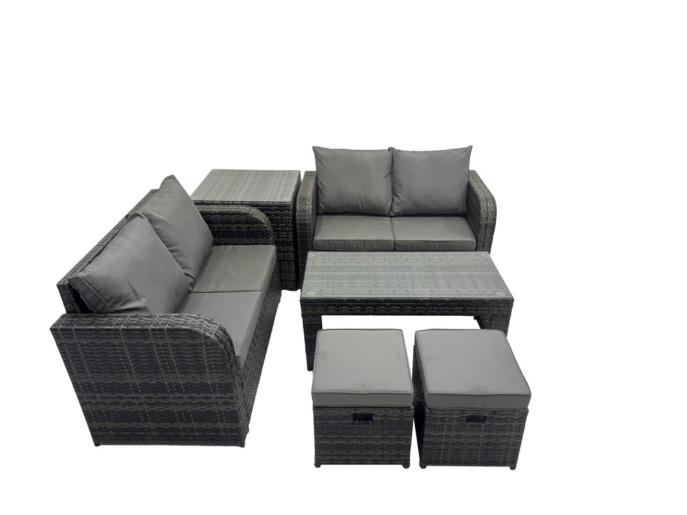 Dossier haut salon de jardin avec canapé d'amour table basse rectangulaire 2 petits tabourets table d'appoint gris foncé mixte