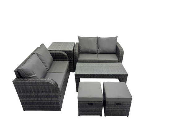 Dossier haut salon de jardin avec canapé d'amour table basse rectangulaire 2 petits tabourets table d'appoint gris foncé mixte