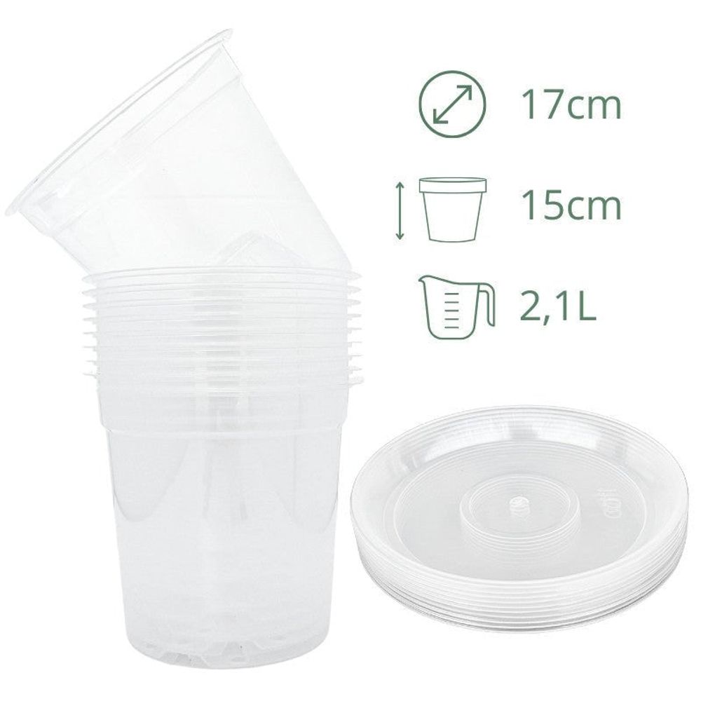 Lot x10 pots transparents - pot de 17cm - pots avec soucoupes adaptées