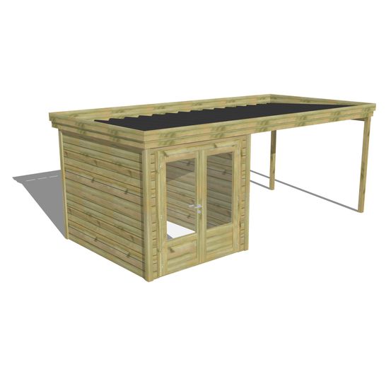 Abri de jardin bois 15 m² - pin autoclave 27 mm - 5,64 x 2,64 m - porte double vitrée, extension de toiture - abri français