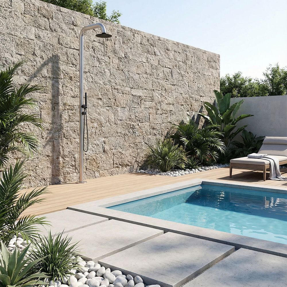 Douche de jardin inox noir aisi 316l mitigeur eau chaude froide h 230 cm