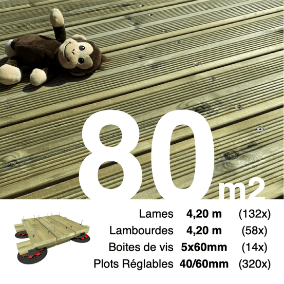 Kit complet terrasse pin autoclave vert pour 80 m², lames 4,2 m, lambourdes 4,2 m, plots réglables et visserie inox.