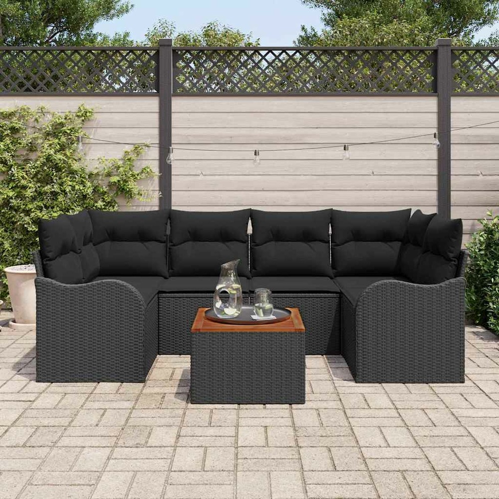 Ensemble de canapé de jardin avec coussin 7 pcs noir polyrotin