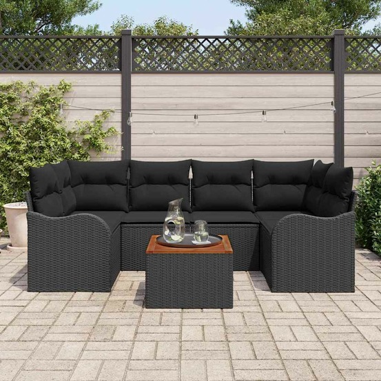 Ensemble de canapé de jardin avec coussin 7 pcs noir polyrotin