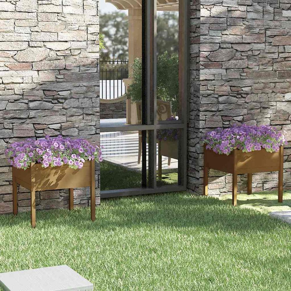 Lot de 2 jardinières carrées pin massif 70cm marron miel
