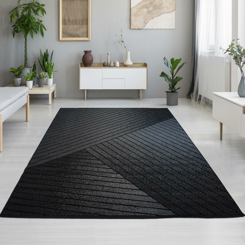 Tapis grand salon 235x320 tissé noir et gris rectangle motif géométrique