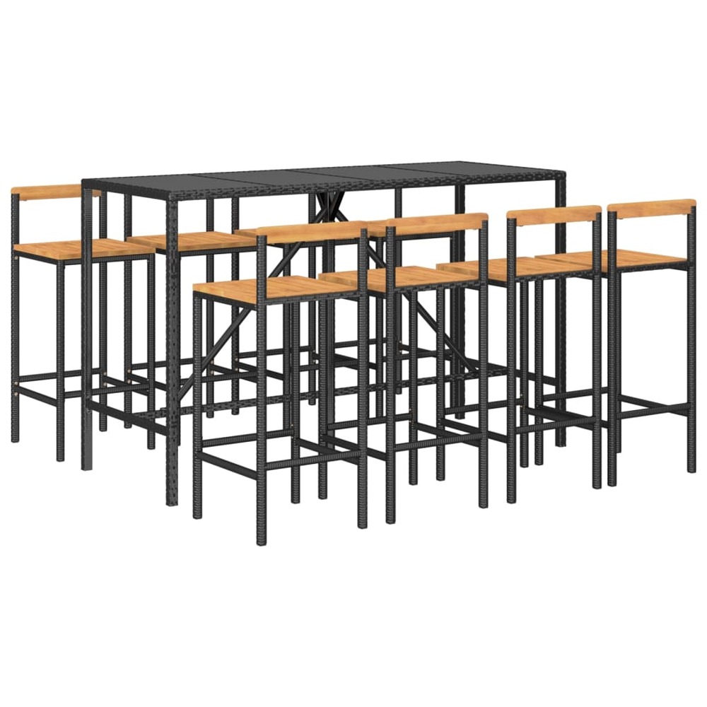 Ensemble de bar de jardin meuble extérieur terrasse 9 pièces noir poly rotin/bois massif acacia