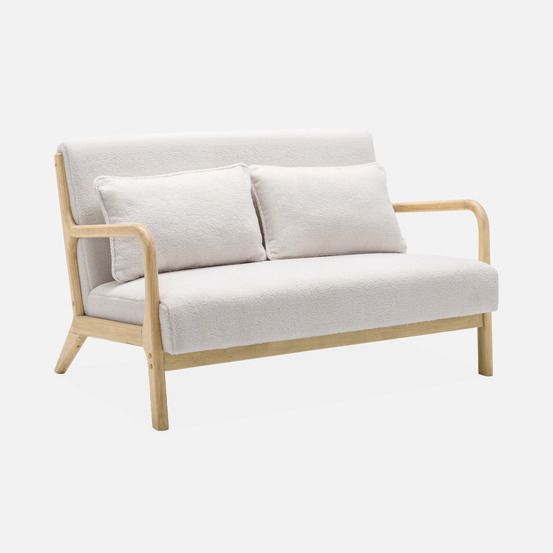 Banquette 2 places en bois et tissu bouclette, lorens, l 124 x p 83 x h 77cm