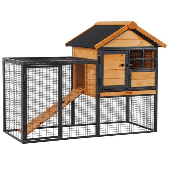 Grand clapier extérieur bois pour lapins 2 niveaux enclos spacieux et toit incliné 122cm gris