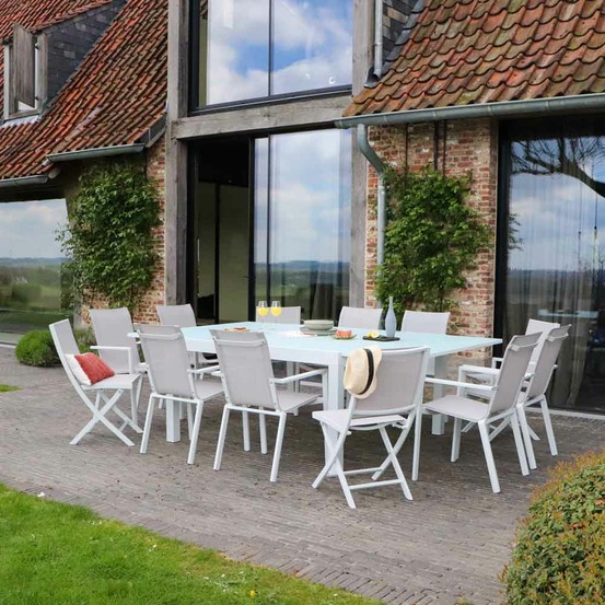 Ensemble whitestar 8/12p en aluminium blanc et verre blanc avec 8 fauteuils en textilène