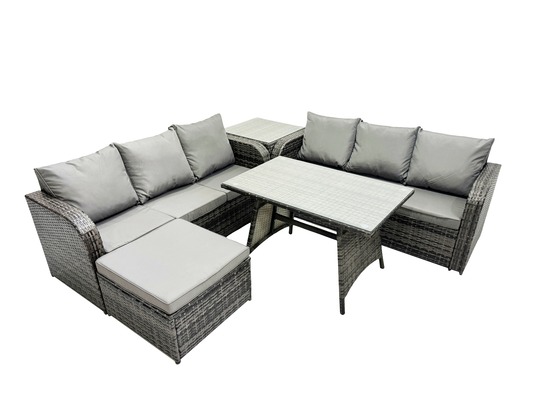 Garden furniture canapé set table à manger grand tabouret table d'appoint intérieur extérieur 7 places rattan set gris foncé mixte