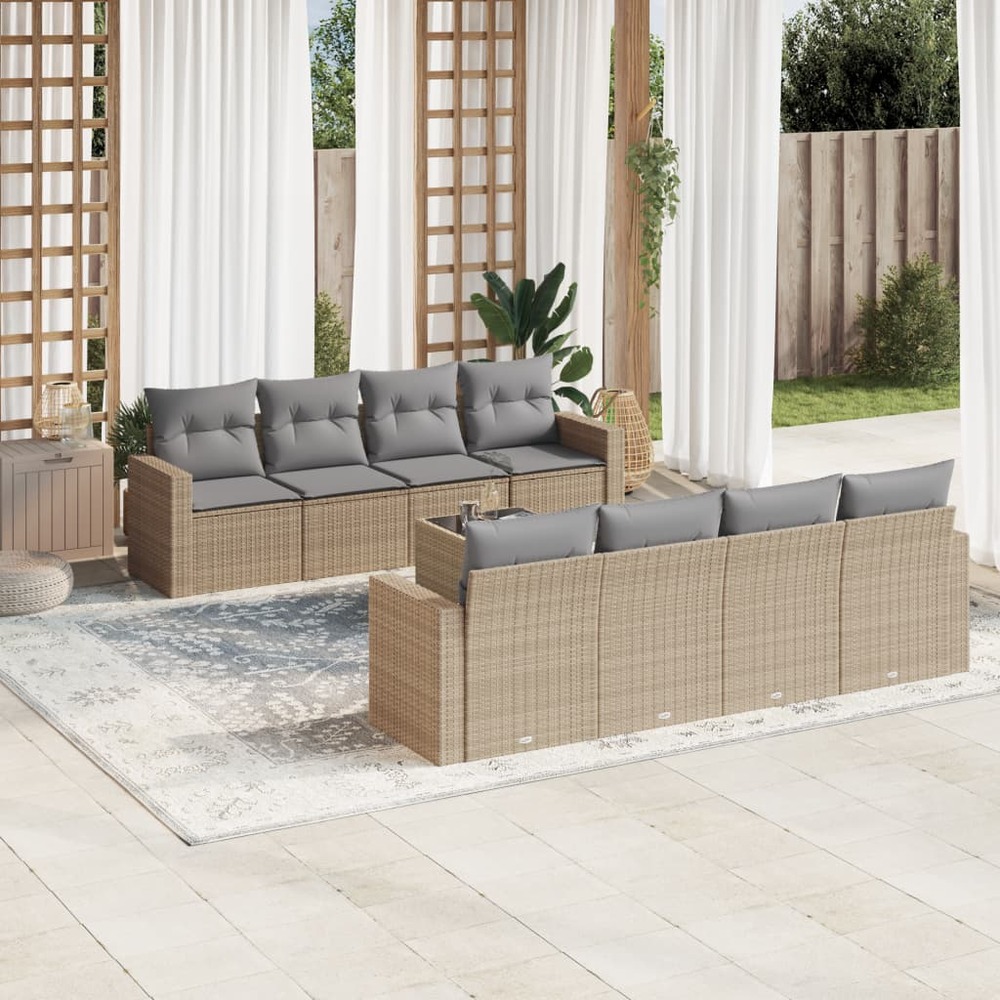 Salon de jardin avec coussins 9 pcs beige résine tressée