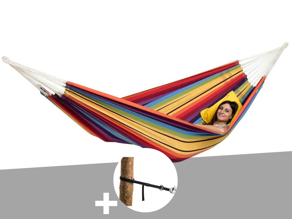 Hamac 2 places barbados arc-en-ciel + kit attaches t-strap-