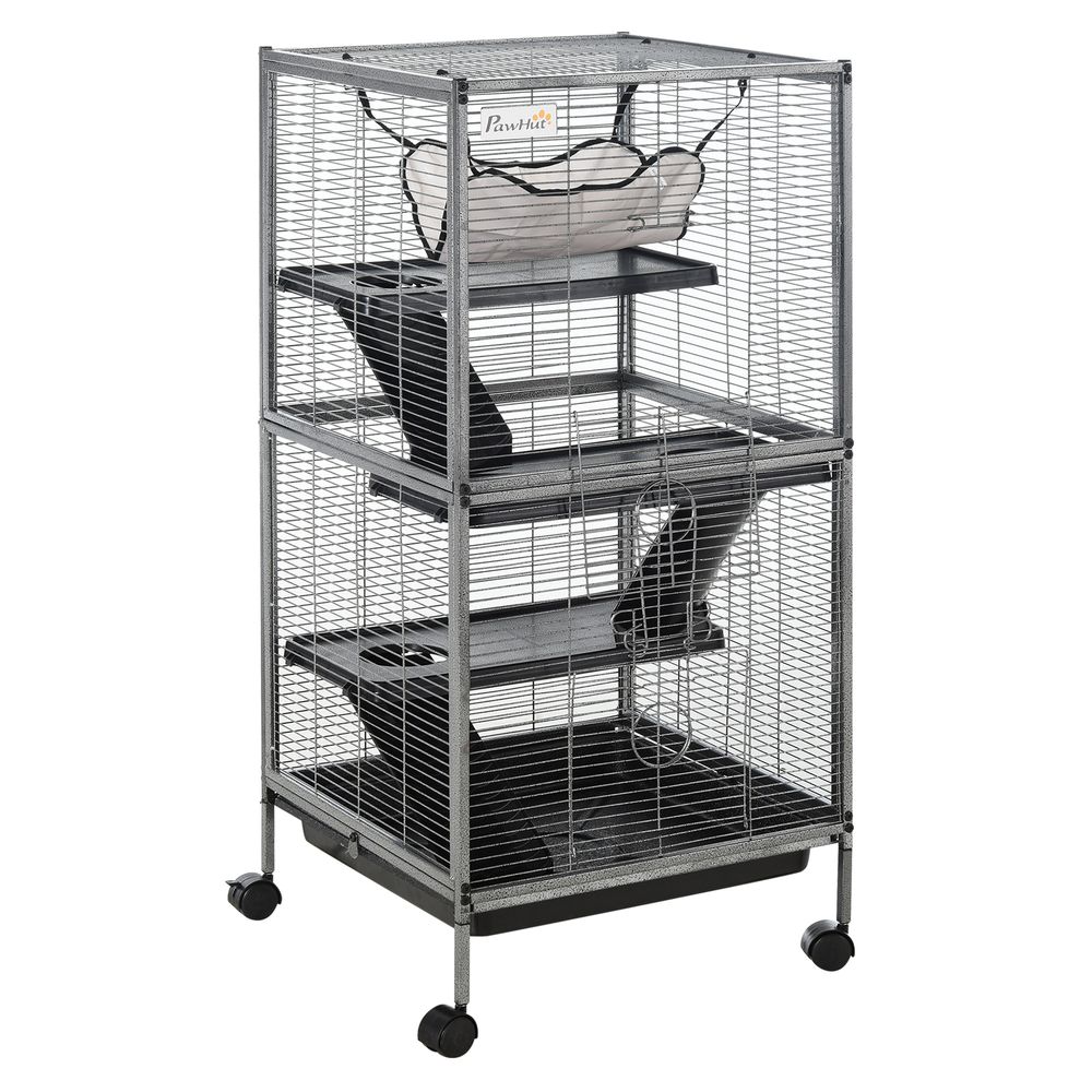 Cage rongeurs acier pour cochon d'inde 3 niveaux avec roulettes 52x52x114cm gris