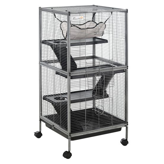 Cage rongeurs acier pour cochon d'inde 3 niveaux avec roulettes 52x52x114cm gris
