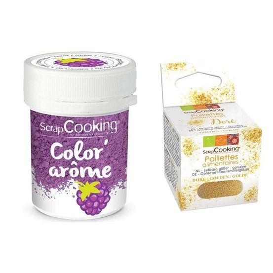 Colorant alimentaire violet arôme mûre + paillettes dorées