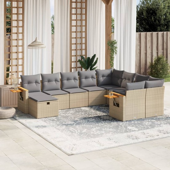 Salon de jardin avec coussins 10 pcs beige résine tressée
