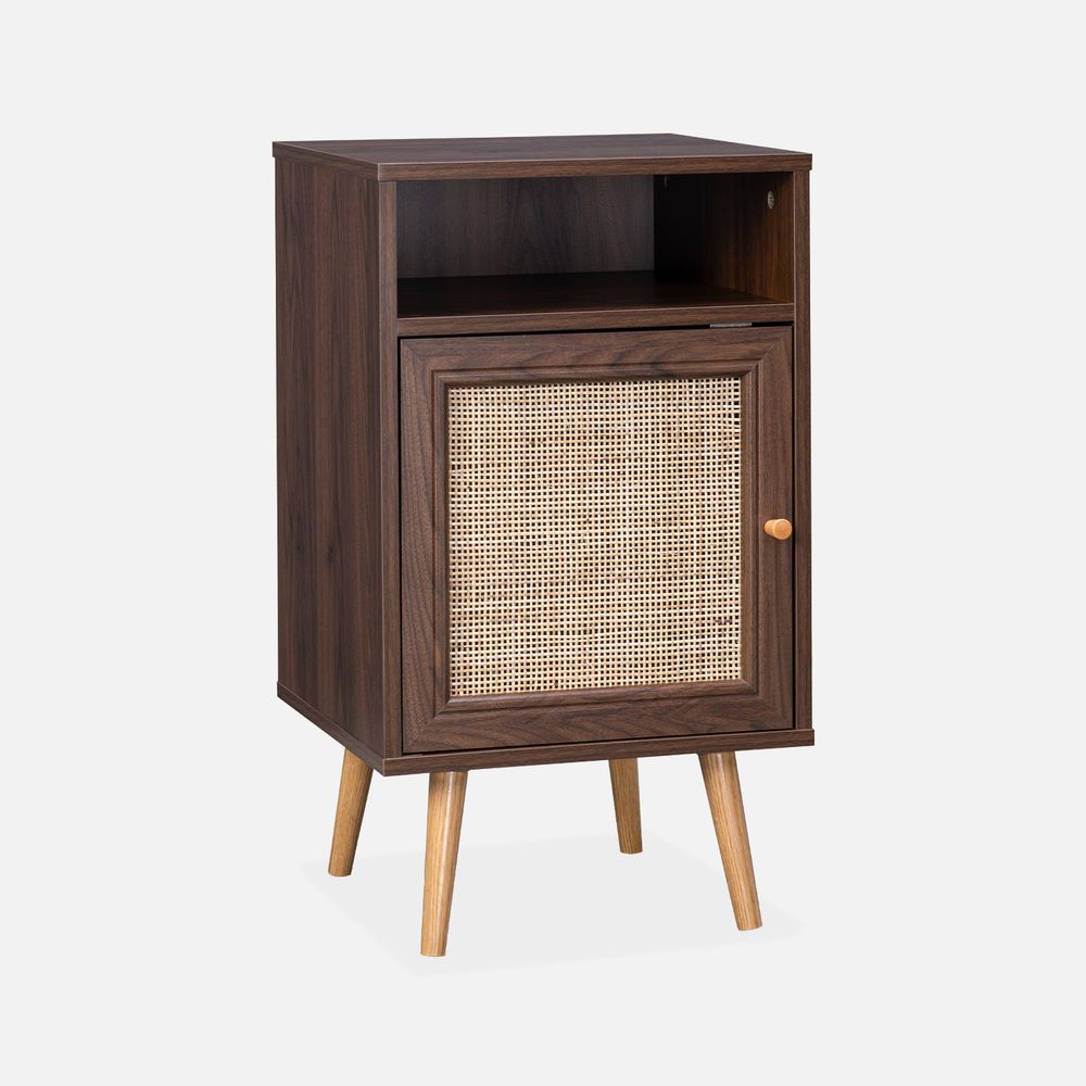 Table de chevet en cannage 40x39x70cm - 2 niveaux - 1 portes - 1 espace de rangement - pieds scandinaves