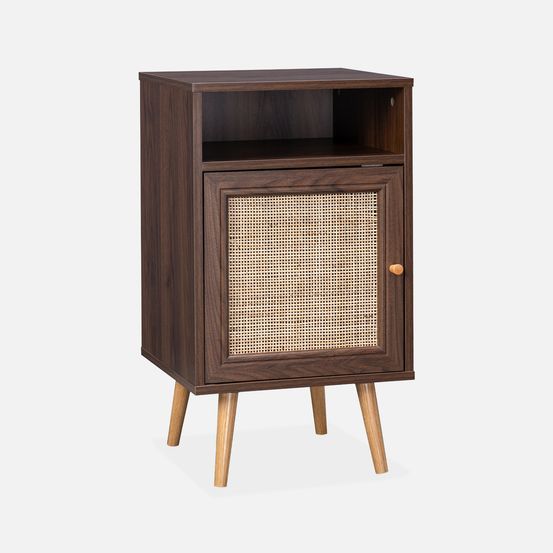 Table de chevet en cannage 40x39x70cm - 2 niveaux - 1 portes - 1 espace de rangement - pieds scandinaves