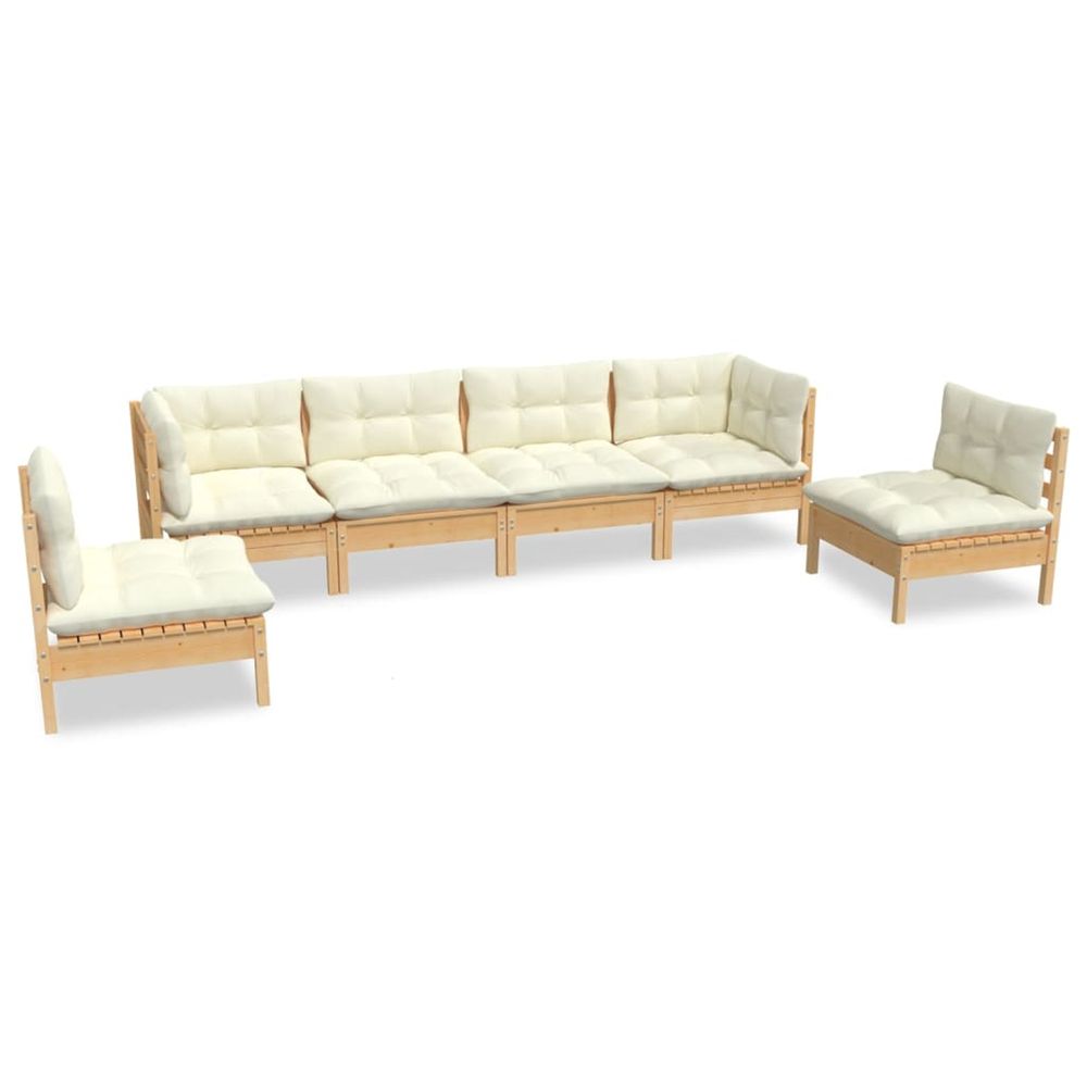 Salon de jardin 6 pcs avec coussins crème bois de pin massif