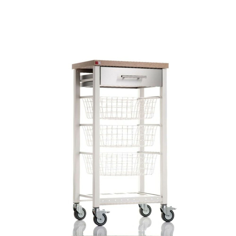 Desserte de cuisine onda – plateau décor bois orme, façade du tiroir en inox et 3 paniers de rangement